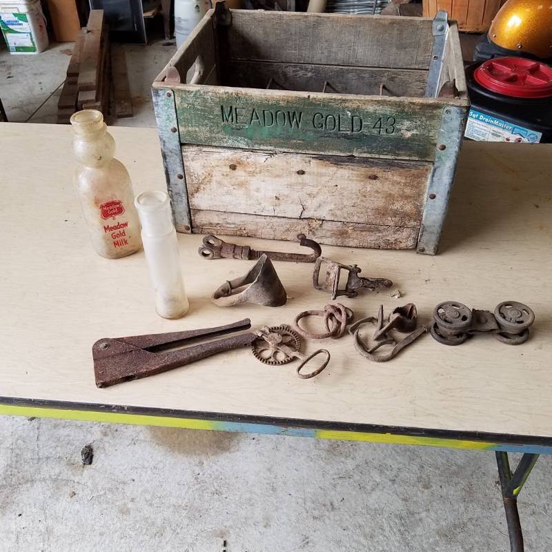 lot 7291 image: assorted Primitives and wood milk crate