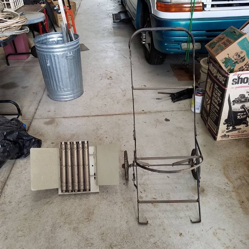 lot 7293 image: old shopping cart - missing basket and catalog holder