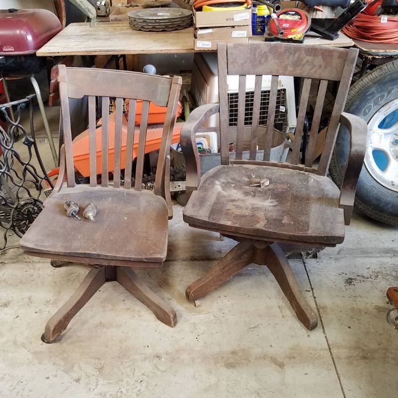 lot 7299 image: 2 Wood Rolling chairs - casters need reattached