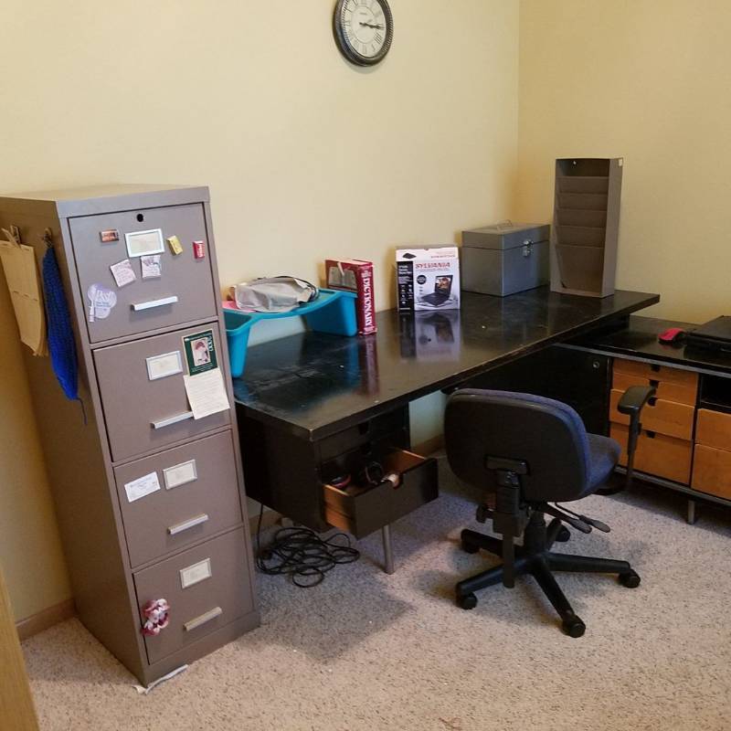 lot 7366 image: office desk, four drawer file cabinet, 7 inch LCD screen DVD player , Canon printer and more