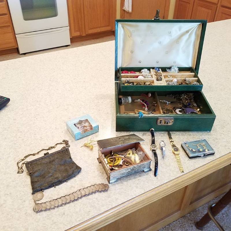 lot 7373 image: lot of assorted jewelry, coin purse, three womens watches, jewelry box