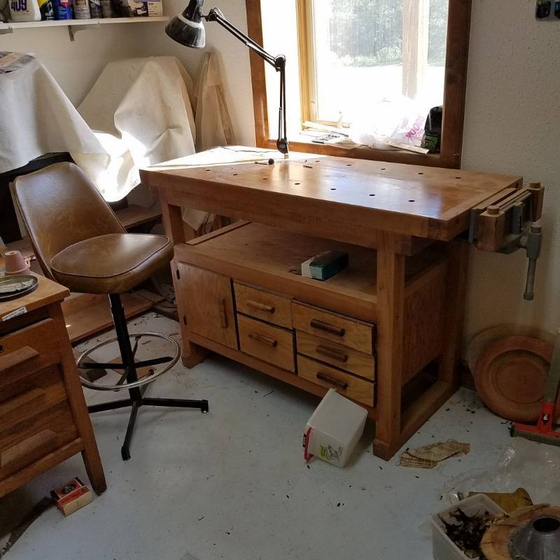 lot 7380 image: workbench and chair with Wilton wood vise