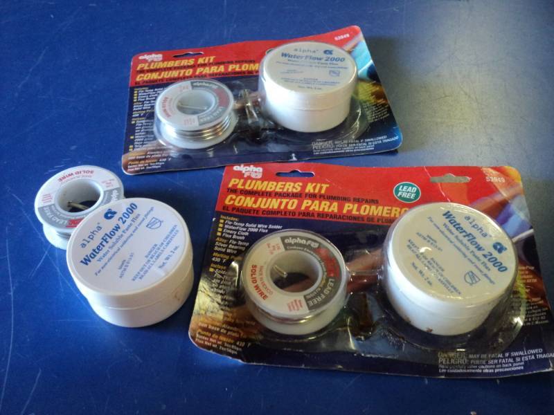 lot 9083 image: (3) Alpha Fry Plumbers Kit, includes flo-temp Solid wire Solder and Water Floww 2000 water slouable paste flux