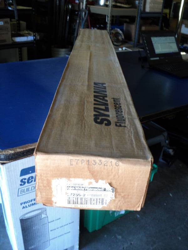 lot 9101 image: (1) box Sylvania Fluorescent Bulbs, single pin F72T12 CW, (15) bulbs in package, package has water damage
