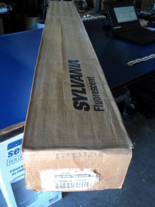 lot 9102 image: (1) box Sylvania Fluorescent Bulbs, single pin F72T12 CW, (15) bulbs in package, package has water damage