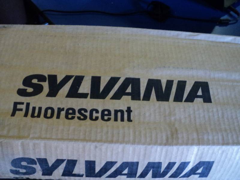 lot 9103 image: (1) box Sylvania Fluorescent Bulbs, single pin F72T12 CW, (15) bulbs in package, package has water damage