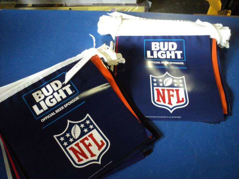 lot 8364 image: (2) ct lot Bud Light NFL  Team Flag Banners, approx 40 foot long-- great for your next tailgate party
