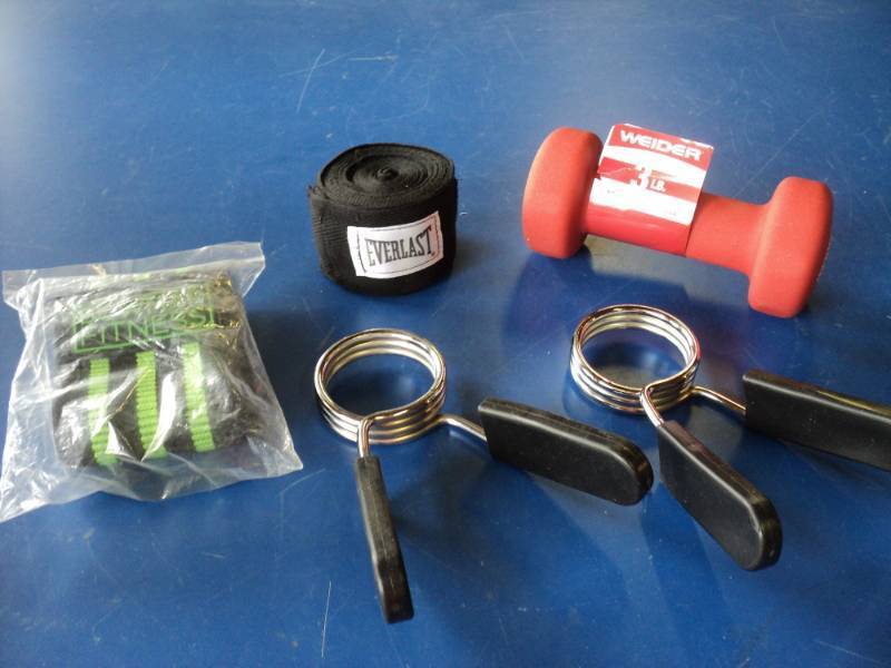 lot 8388 image: (5) ct. mixed lot fitness accessories 3 lb weight, hand grips, band, wrap