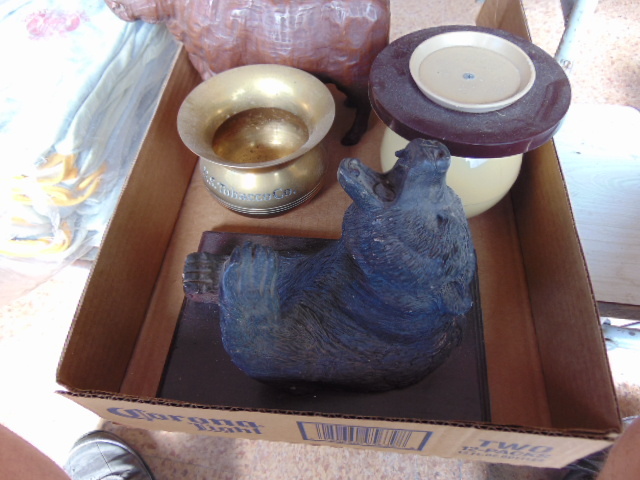 lot 18768 image: Brass spittoon US Tobacco Co. and wooden animals