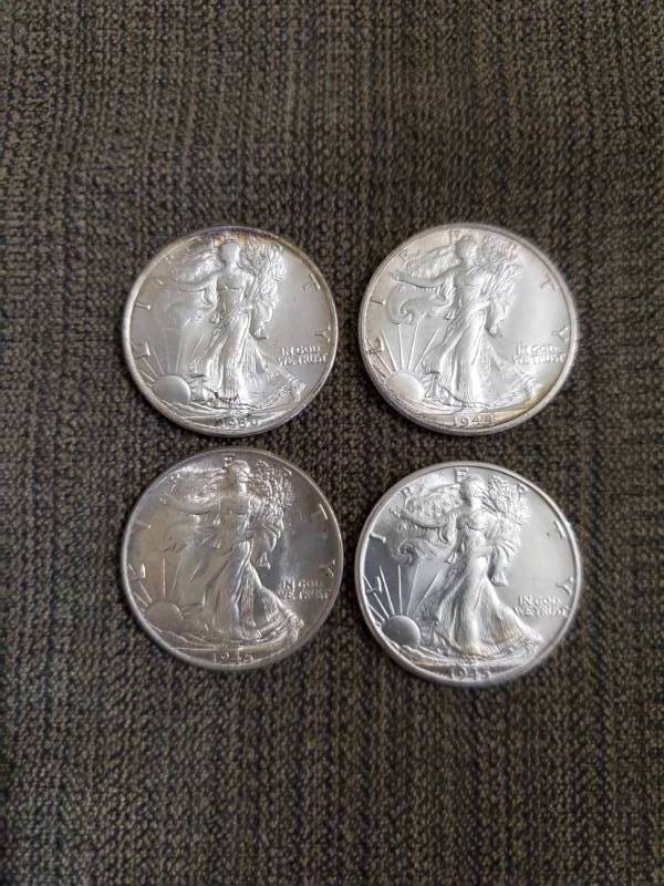 lot 6949 image: 1944, 1945 (x2), 1960 Walking Liberty Half Dollar