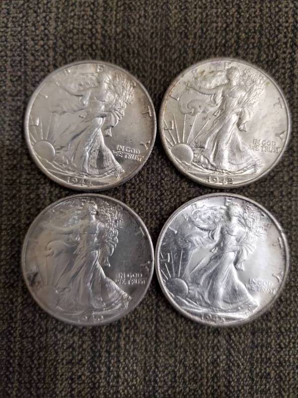 lot 6948 image: 1940, 1942, 1944, 1945 Walking Liberty Half Dollar