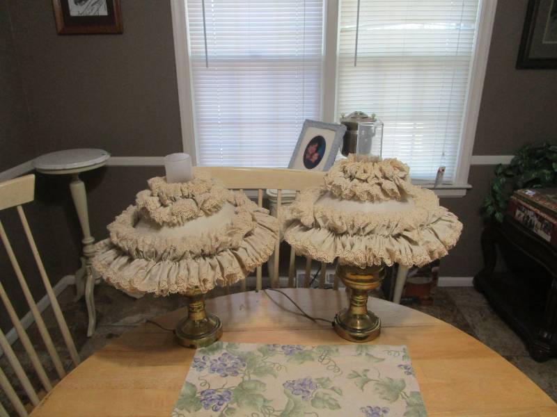 lot 7833 image: Two Brass Lamps with Matching Ruffled Shades