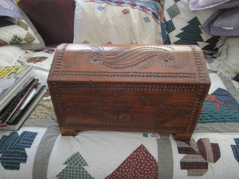 lot 7834 image: Carved Wood Box Contents Included