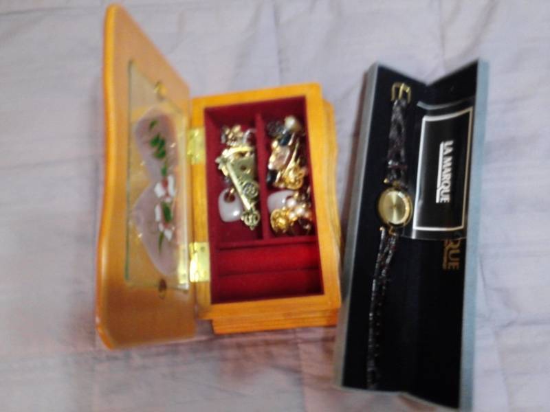 lot 7914 image: Small Wooden Treasure Box and La Marque Watch with Band