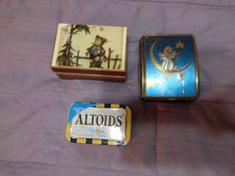 lot 7917 image: Hummel Music Box, Metal Tins with Treasures