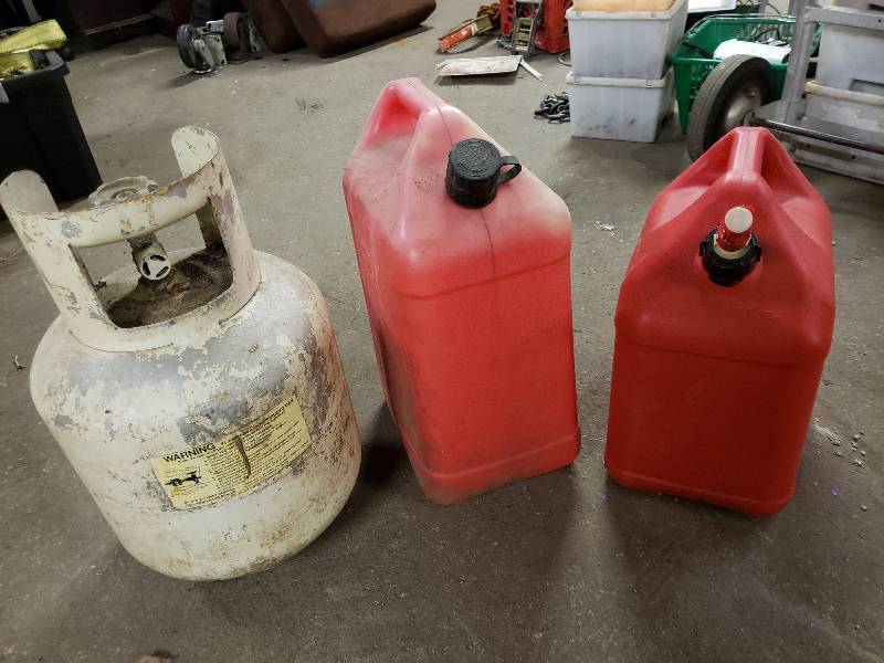 lot 2407 image: Propane Tank and 2 Gas Cans