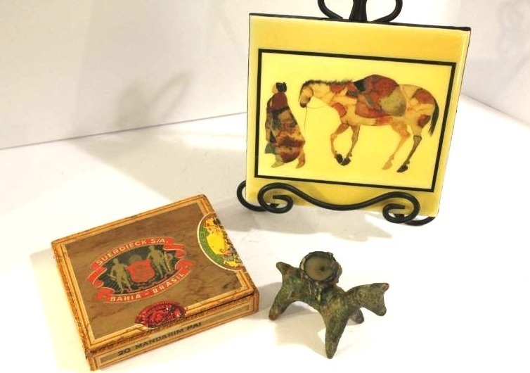 lot 1487 image: Carol Grigg Weavers Gift Tile Picture Art, Cigar Box and Unique Figurine