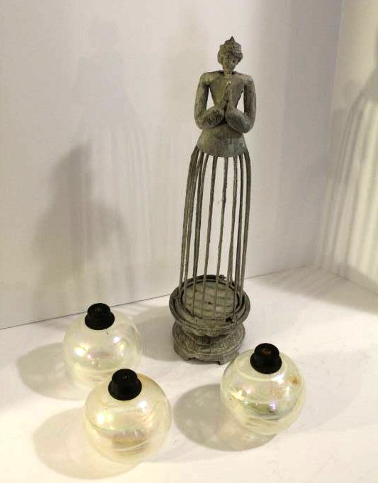 lot 1493 image: Glass Oil Burners and Metal Lady with Cage Dress