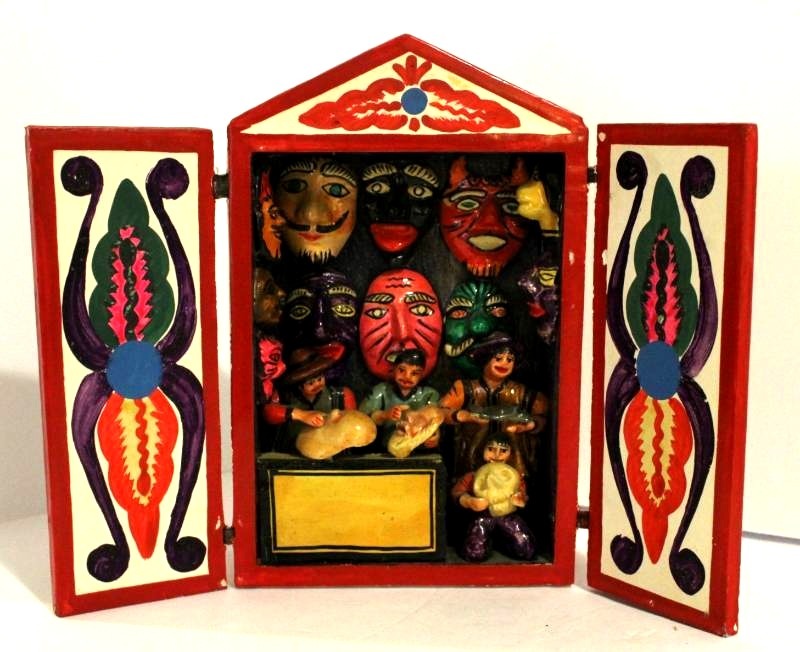 lot 1485 image: Mexican Folk Art Hand Carved and Painted Wood Nicho of a Mask Shop