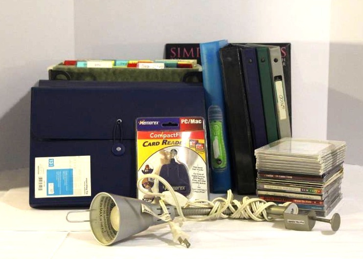 lot 1500 image: IKEA clamp on desk lamp, Expanding File, Card Reader, binders and more