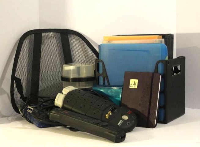 lot 1501 image: Very nice APC SurgeArrest protector power strips (2), File bin holder, Lumbar desk chair support, Journal and more