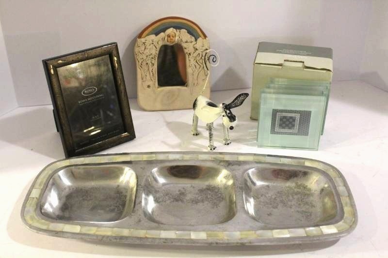 lot 1490 image: Crate and Barrel Photo Coasters, Vintage 70s Clay figurerainbow frame, Silver Platter Server and more�