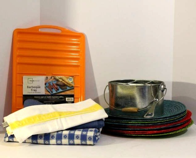 lot 1502 image: Grill Tray (new in pkg), Williams & Sonoma towel, Tin beer bucket wbottle opener and more