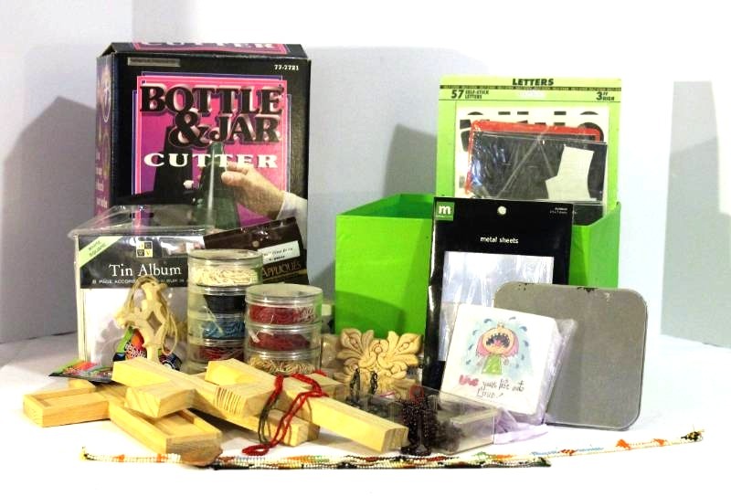 lot 1503 image: Large Beading Jewelry crafting lot, Glass Bottle Cutter, Metal craft sheets, Wooden crosses�