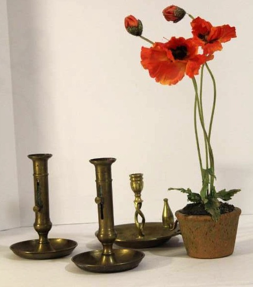 lot 1506 image: Unique Antique Brass Candle Sticks, 2 Matching Brass Adjustable Candle Stick Holders 8 Tall x 5.5 Diam�1 Antique Brass Candle Stick Holder with Snuffer