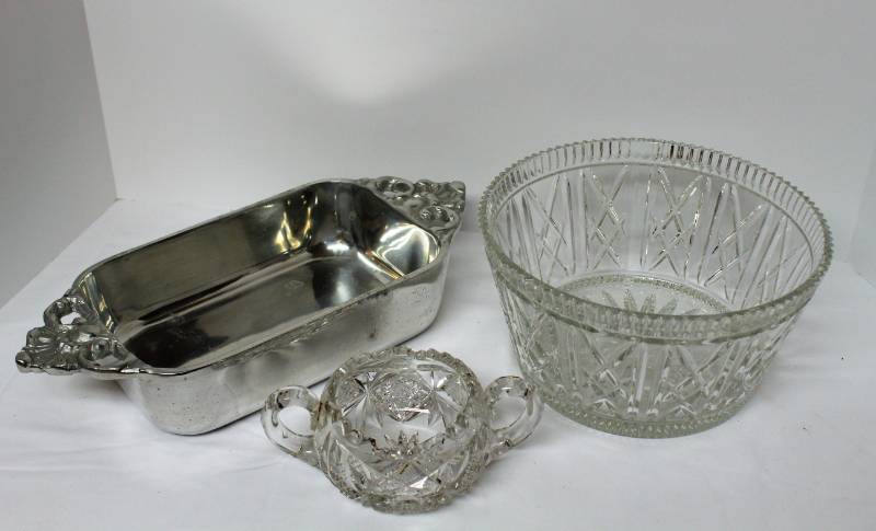 lot 1529 image: Large Cut Glass Bowl 9 X 5, Beautiful Metal Loaf Pan 14 X 6, Small Glass Dish 7