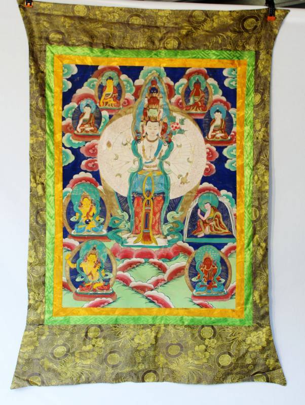 lot 1592 image: Large Beautiful Hand painted Tapestry with what appears to be silk trim.  Possibly Hindu design.