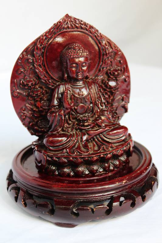 lot 1593 image: Deep Red Carved Wood Buddah and Stand