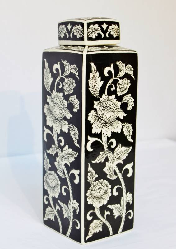 lot 1605 image: Tall Black and White Floral Vase with Lid