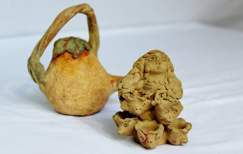 lot 1607 image: Louis Blanco Clay sculpture signed.  Signed clay teapot Valerie