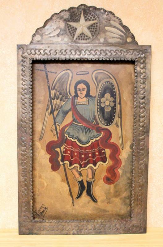 lot 1495 image: Ramon Filemon Large Metal Nicho Artwork - Retablo San Miguel w Tin Nicho Signed