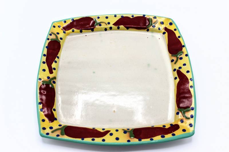 lot 1435 image: 11 Square Red Chile Dinner Plate Stephen Kilborn SK Taos NM Collectible Studio Pottery Hand Painted