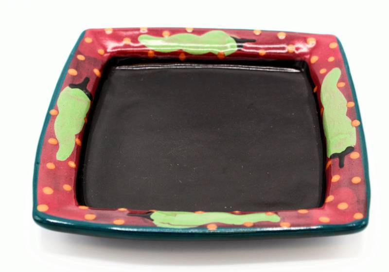 lot 1437 image: 7 Square Green Chile Plate Stephen Kilborn SK Taos NM Collectible Studio Pottery Hand Painted