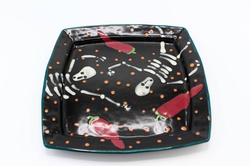 lot 1441 image: 11 Square Day of The Dead Dinner Plate Stephen Kilborn SK Taos NM Collectible Studio Pottery Hand Painted