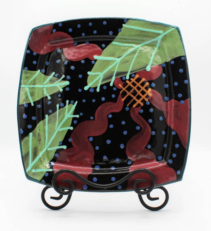 lot 1449 image: 11 Square Flower Black Dinner Plate Stephen Kilborn SK Taos NM Collectible Studio Pottery Hand Painted