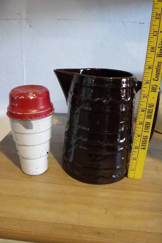 lot 3128 image: Carnation Malted milk container and a brown ceramic pitcher