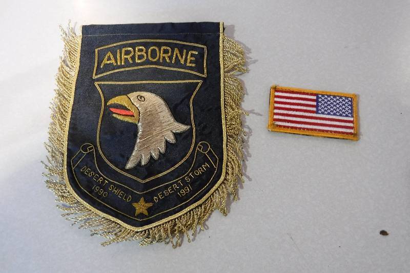 lot 2155 image: US Airborne Desert shield and Desert Storm patch as well as USA Flag patch