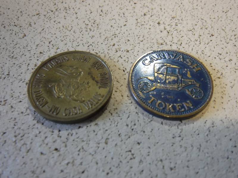 lot 3113 image: Olympic car wash token and Kansas Union Jay bowl game token