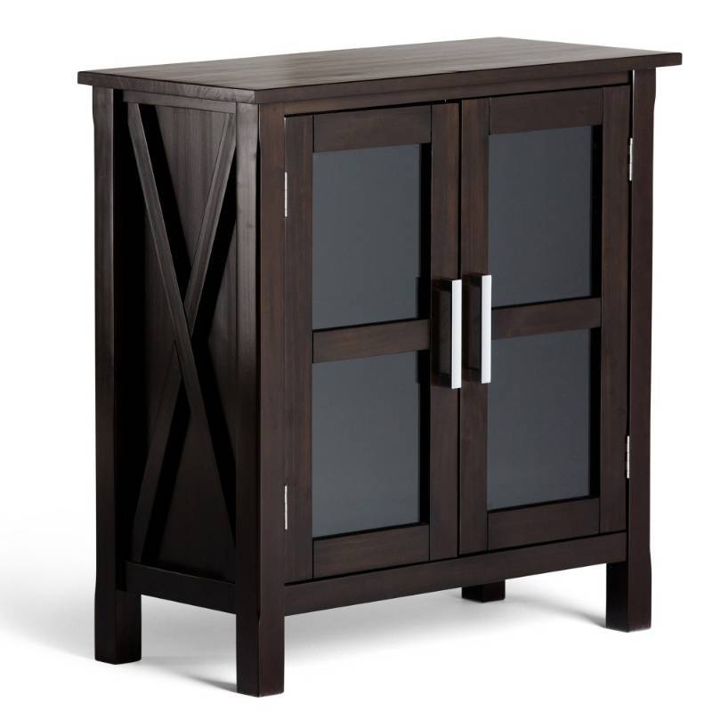lot 6801 image: Simpli Home Kitchener Low Storage Wood Cabinet in Dark Walnut Brown