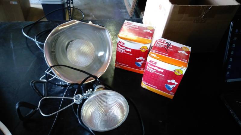 lot 9488 image: Mixed lot clip light lamps, with flood light bulbs (2) white bulbs, (2) blue bulbs