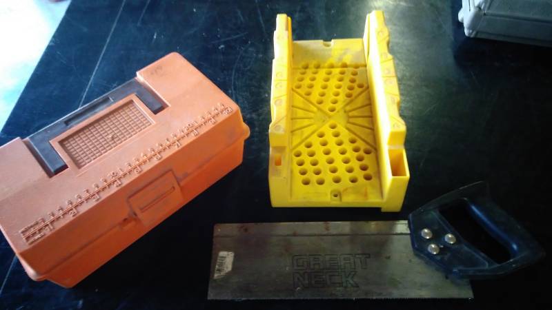 lot 9540 image: Mixed lot saw, stanley miter box, plastic tool box