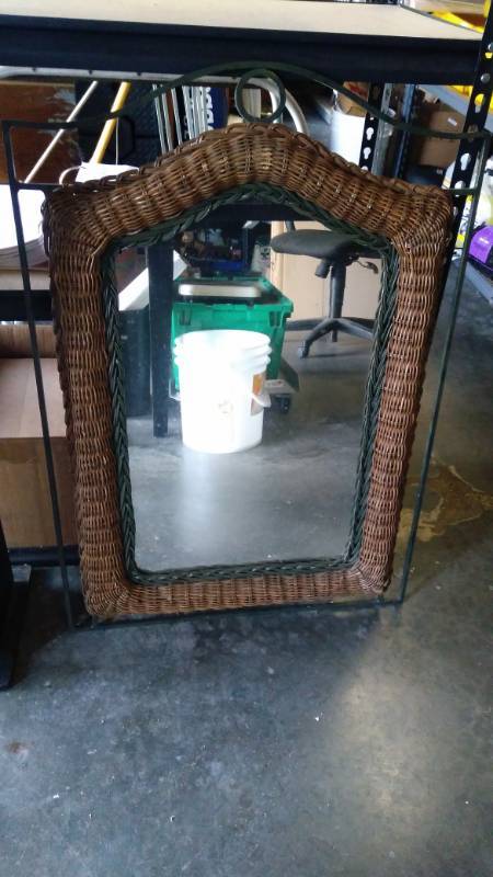lot 9541 image: Mirror with metal and wicker frame, 25 x 36