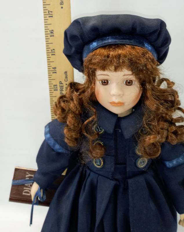 Cathay Porcelain Doll 16" Girl w/Stand ~ Navy Dress ~ Carrying a Diary |  Quick 3 Day Sunday Fun Day Auction- Something For Everyone- Vintage Signs-  Bass Guitar- Jewelry- Lawn Mower- BID
