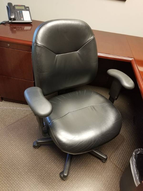 L Shaped Wood Desk, Computer Chair, Mat, 2 Office Chairs, and File