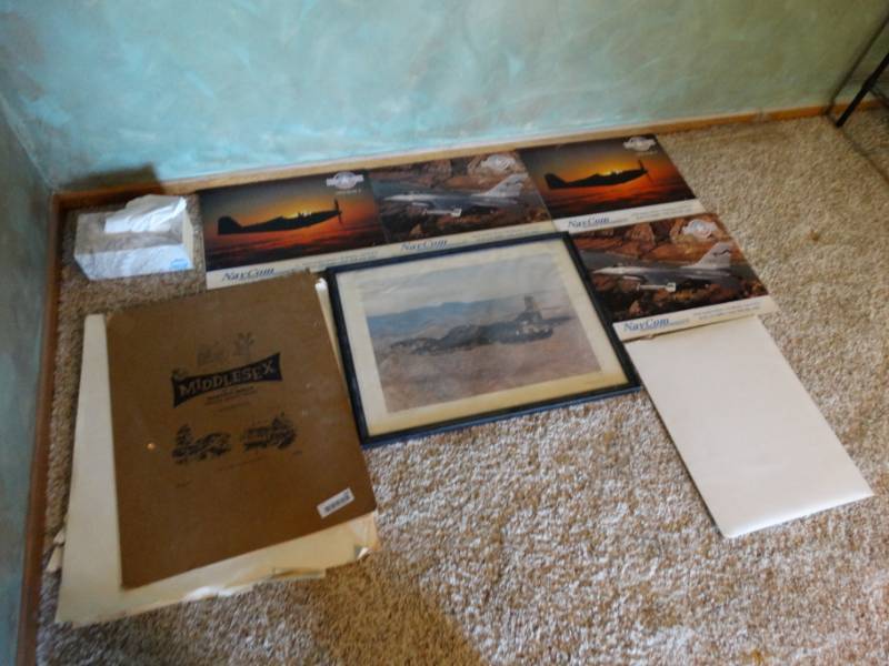 lot 404 image: 4 Navcom calendars, plane picture and several hand drawn plane sketches.