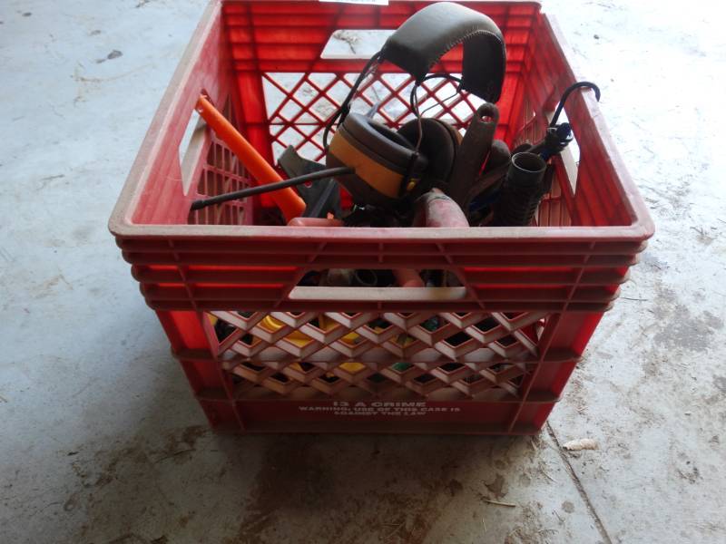 lot 1031 image: Milk crate w various hand tools & misc.